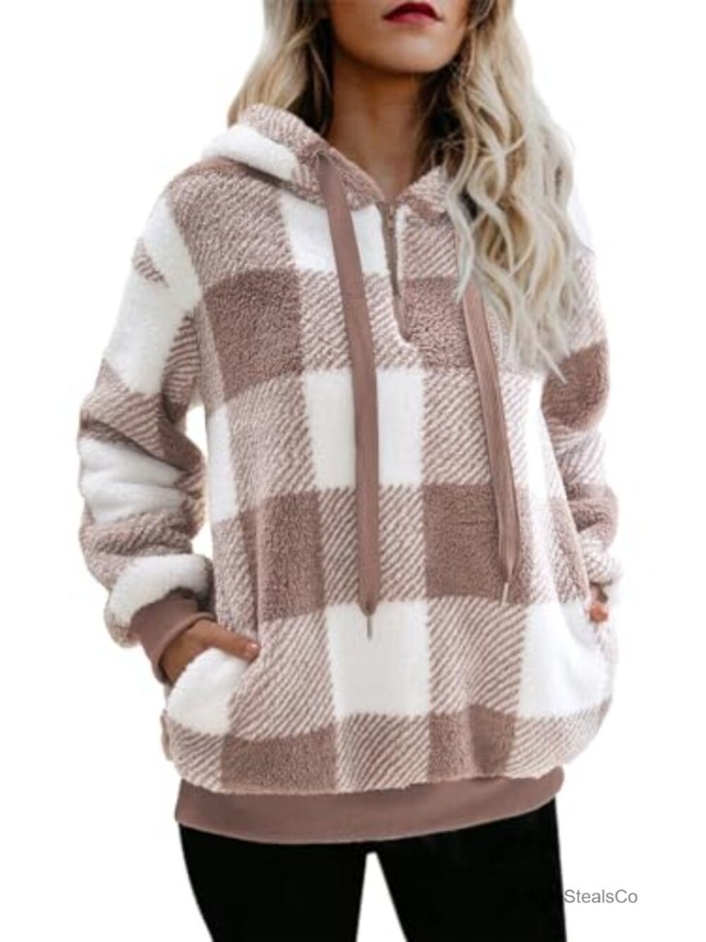 Women's Fuzzy Sherpa Hoodie 1/4 Zip Pullover Fleece Sweatshirt Cozy Oversized
